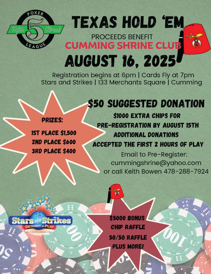 Texas Hold'em Fundraiser Benefiting Cumming Shrine Club - Stars and Strikes at 5thstreetpoker.com